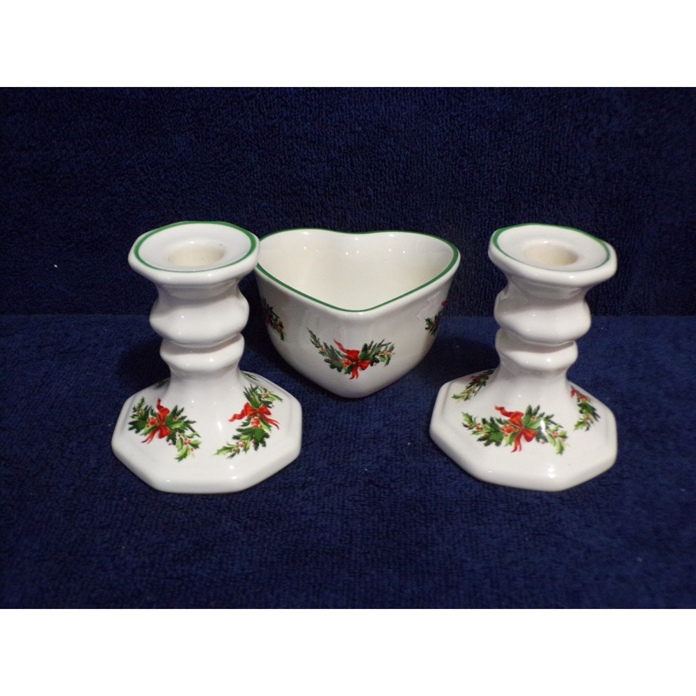 Pfaltzgraff Christmas Tree "Heritage" Collection Dish & 2 Candle Holder Bow Fern
